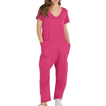 JDEFEG Women's Jumpsuits Womens Overalls Casual Loose Short Sleeve Long Trousers Solid Jumpsuit with 2 Pockets Classic Dressy Jumpsuits for Women Hot Pink Size Xl