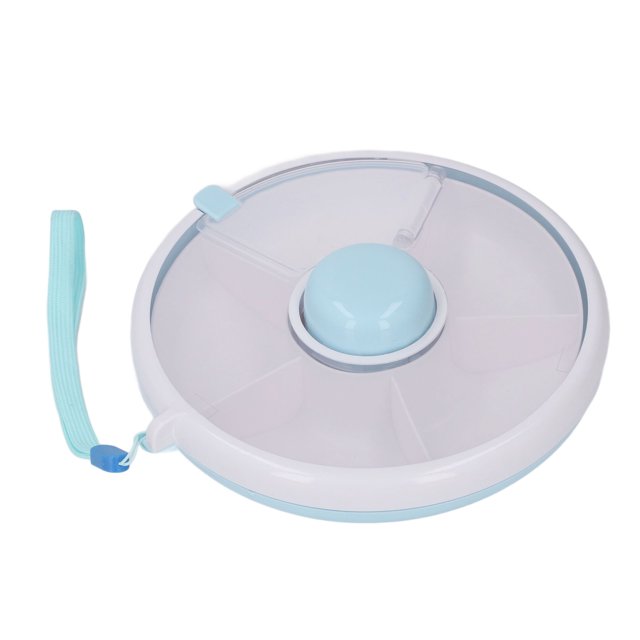 Snack Rotating Container, a reusable snack organizer with five compartments, featuring a sealed lid design for freshness and damp-proof storage. Made of durable ABS and PP materials, it includes a light blue handle and lid for convenient use.
