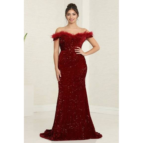 Royal Queen RQ7992 Juniors Womens Fitted Feather Sheath Formal Long Dress