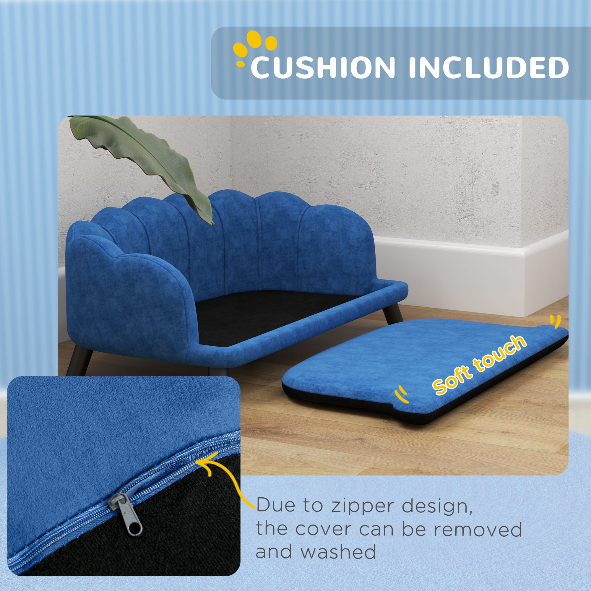 PawHut Pearl Design Pet Sofa for Medium and Large Sized Dogs, Pet Bed with Cushion and Solid Wood Legs, Dark Blue