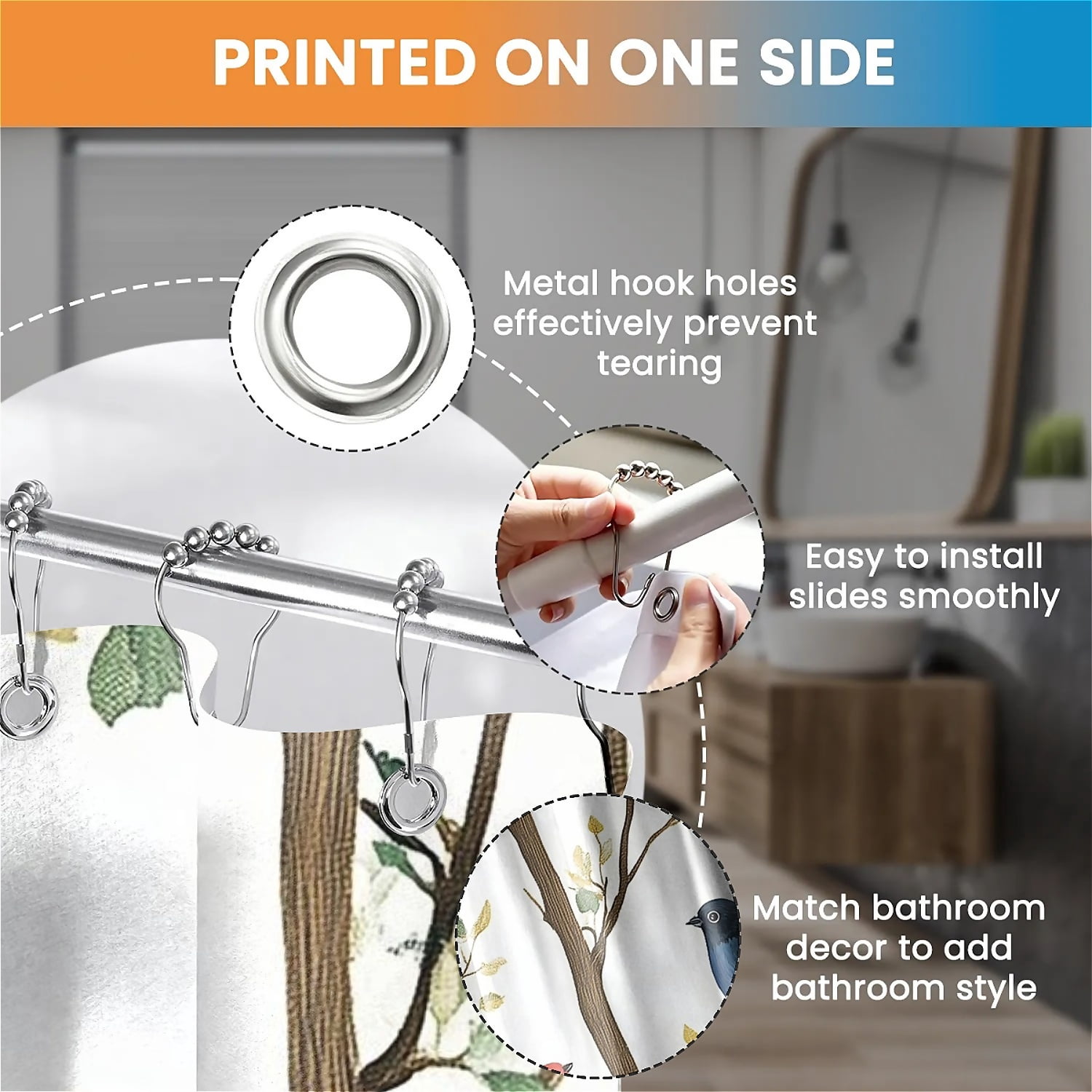 ARTSLION Shower Curtain Navy Blue Geometric Water Repellent Shower Curtain Set, With Hooks，Machine Washable, Modern Decorative Polyester Cloth Shower Curtains For Bathroom,72X78,Birds