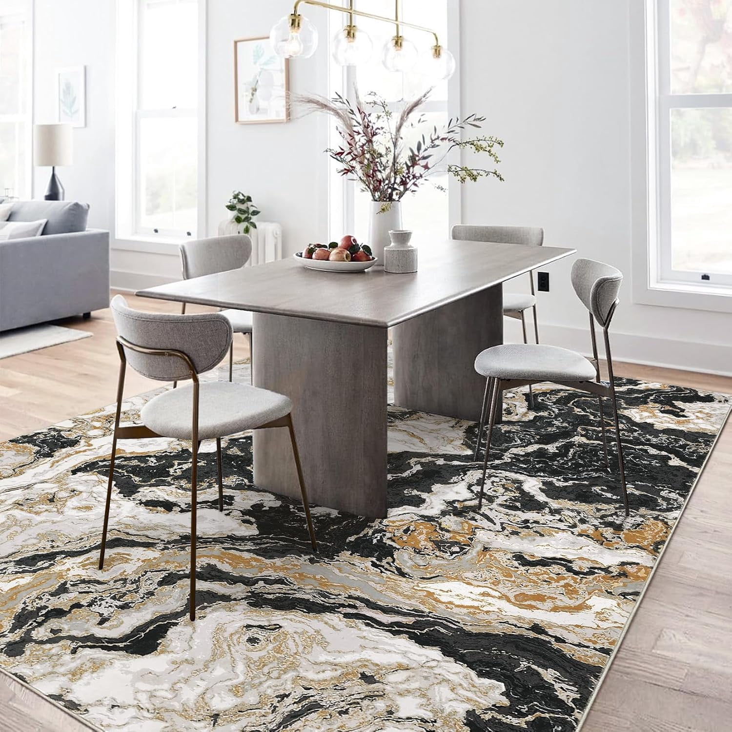 Homhougo 10x13 Washable Abstract Marble Area Rug, Soft Modern Non-Slip Luxury Carpet for Living Room, Bedroom, High Traffic Kitchen Entryway, Black
