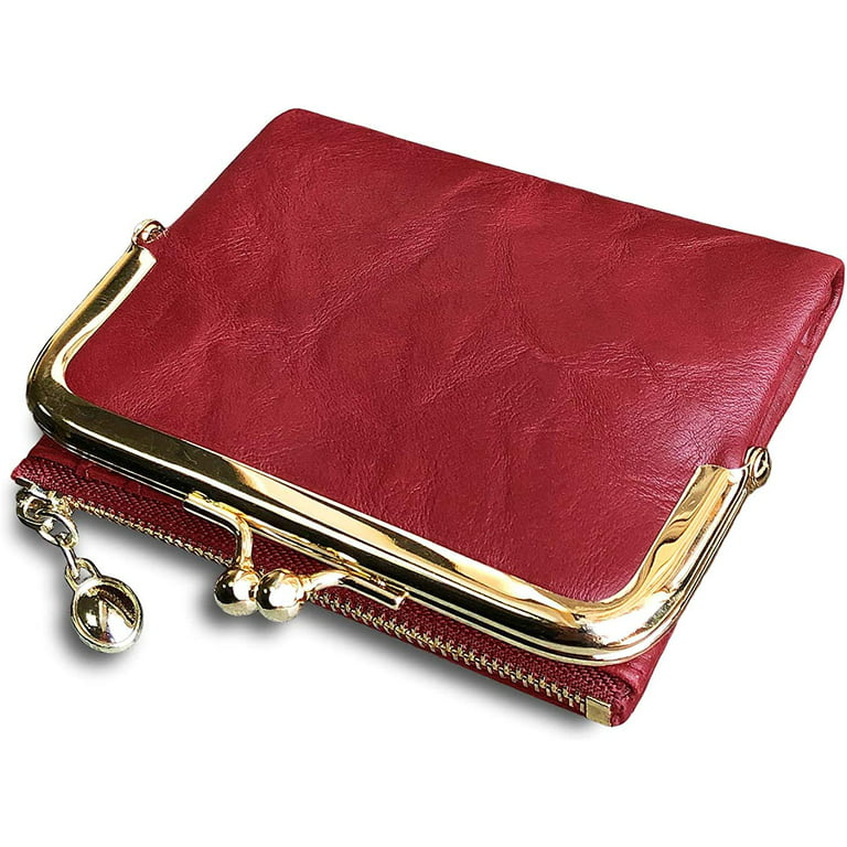 Women's Short Wallet Double Fold Retro Multifunctional Purse with Zipper  and Kiss Lock (Red) 