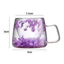 AJKSFHIU Double Walled Glass Coffee Mug with Handle,Insulated Layer Flowers Coffee Cup,Clear Cups with Purple Sea Lavender Flower,Perfect for Coffee Tea Latte Juice,Flower Double Wall Glass Cup