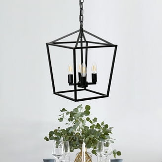 Farmhouse Chandelier 4-Light Lantern Pendant - Black Vintage Cage Light For Kitchen Island & Dining