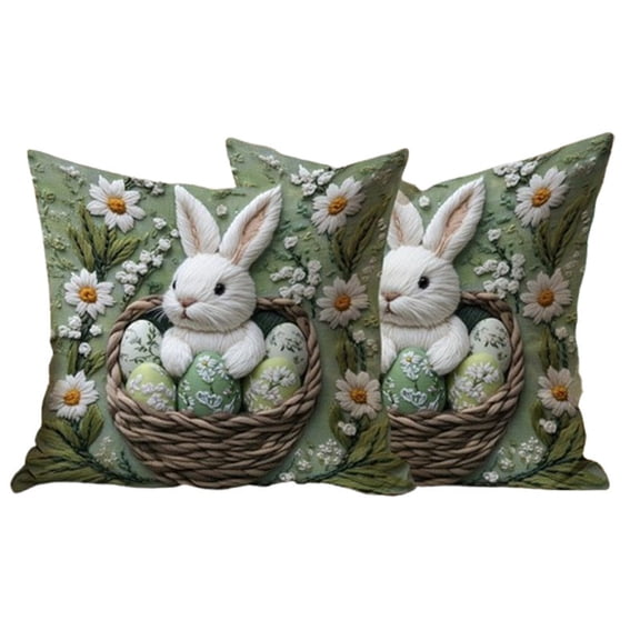 Easter Bunny Throw Pillow Covers 18x18 Inch Set of 2 Imitation Embroidery Rabbit Flower Outdoor Spring Rustic Farmhouse Decorations Decorative Cushion Cases for Home Sofa Couch Living Room Decor