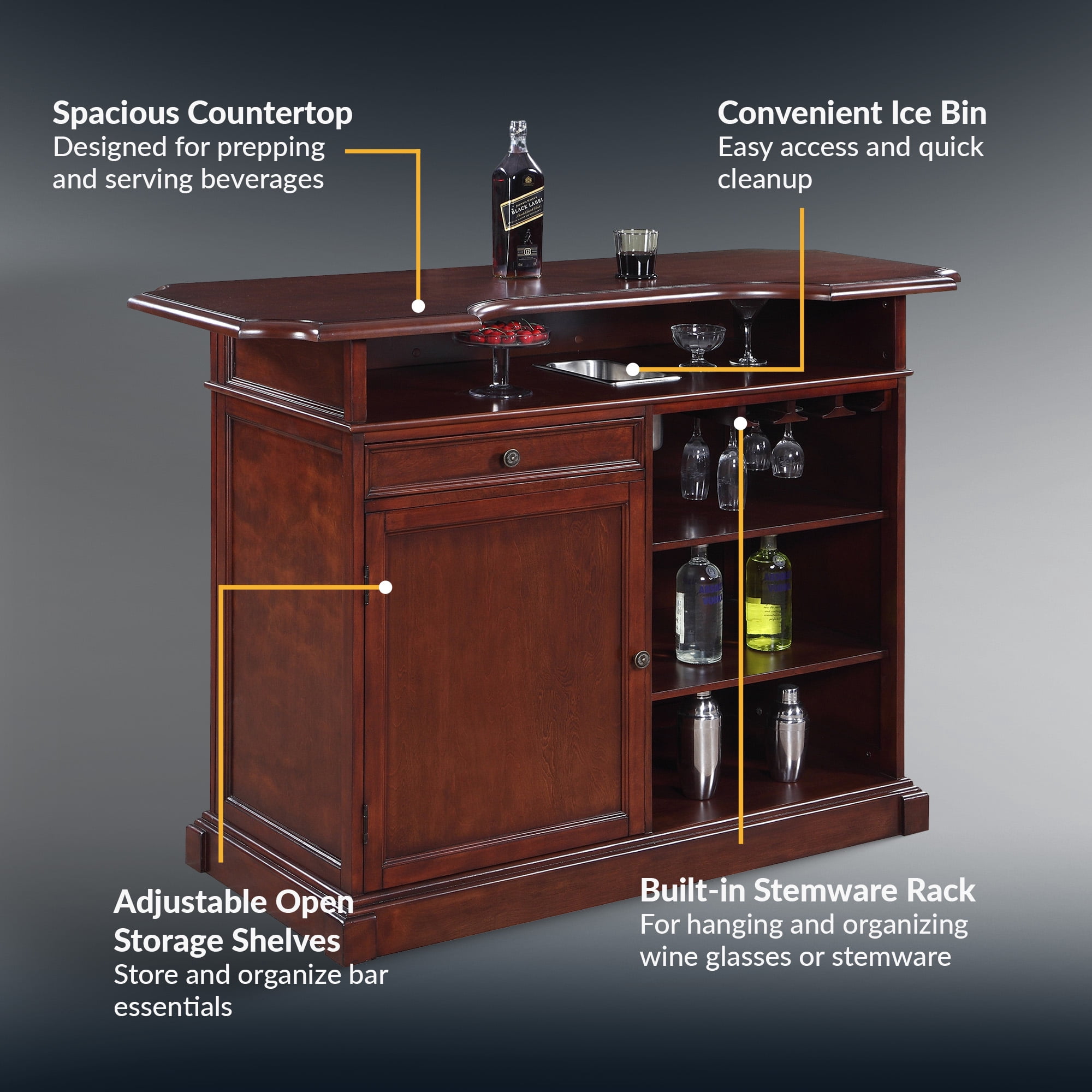 Hathaway Ridgeline Home Bar Set w/ Storage, 5-ft, Walnut Finish