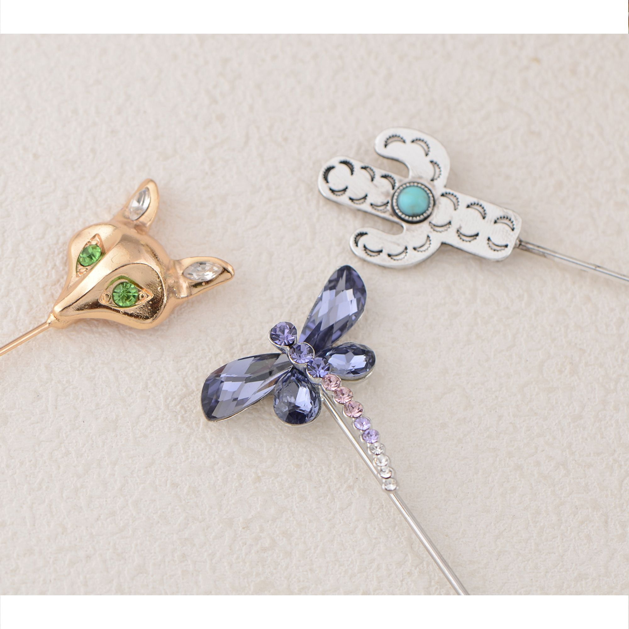 Vintage 3Pcs Long Stick Hat Pins Crystal Flower Butterfly and Pearl Details for Classic Hat Lapel and Scarf Accessorizing - 3pcs Animal