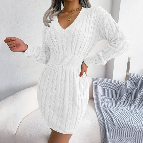 CAICJ98 Sweater Dress for Women 2023 Women Polo Neck Long Slim Fitted Dress Bodycon Turtleneck Cable Knit Sweater White,L