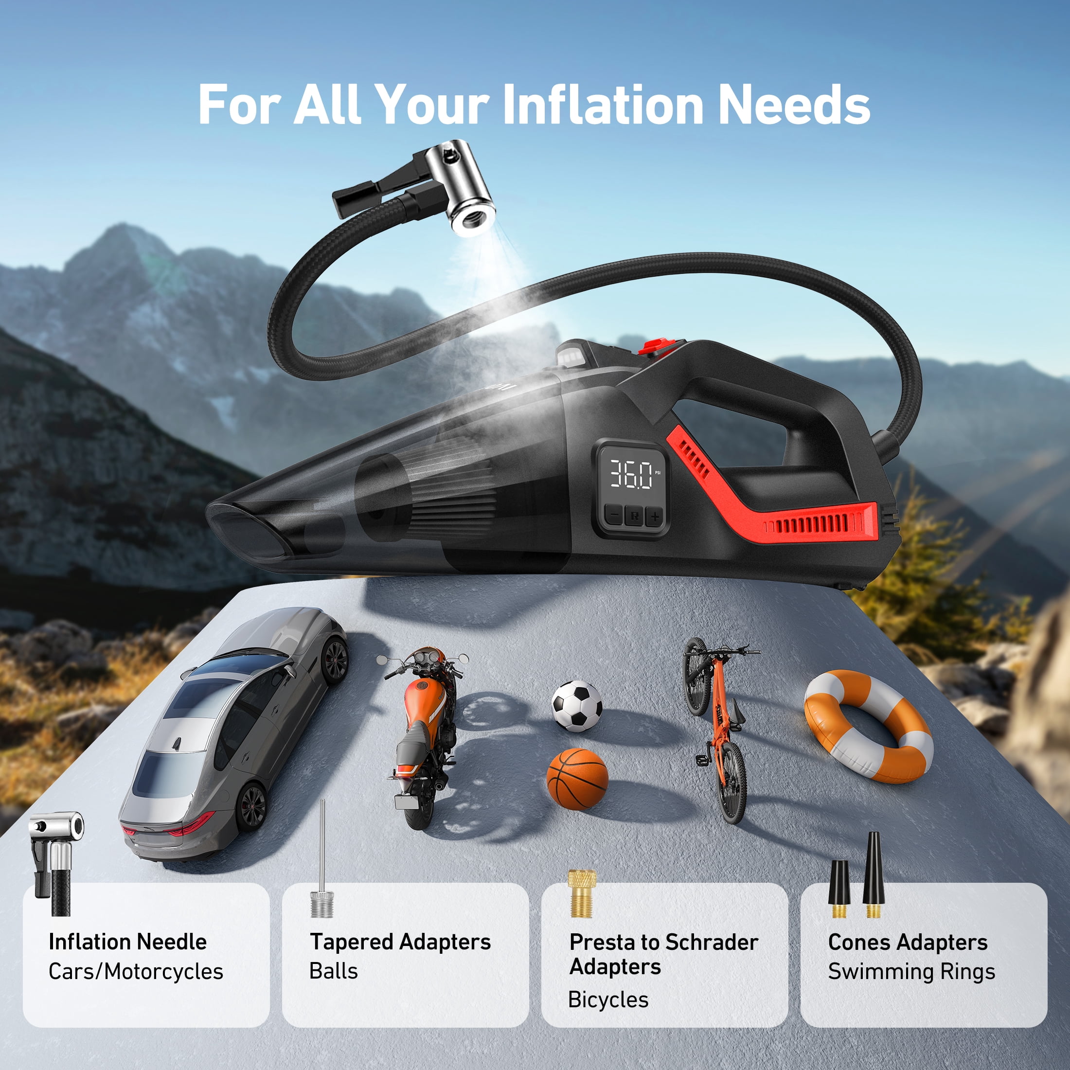AstroAI 2-in-1 Car Vacuum Cleaner Tire Inflator, Multifunction Handheld Vacuum Air Compressor 12V DC, with Digital Display LED Light, Multi Attachments for Car Interior Detailing & Air Pump