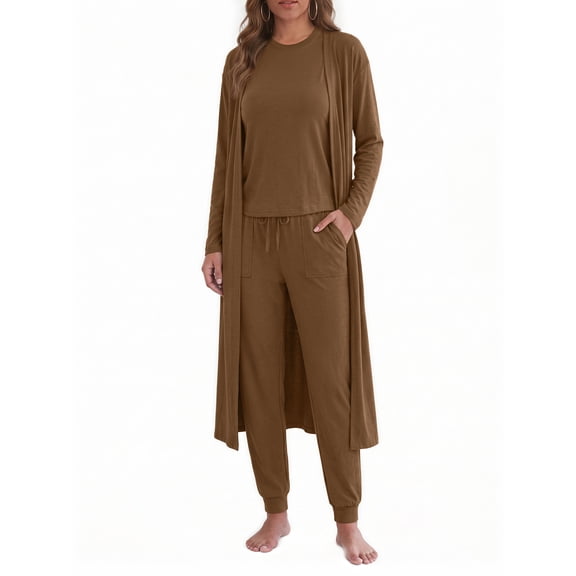 Weekease 3 Piece Sets for Women Crew Neck Tank Pockets Drawstring Pant Long Sleeve Cardigan Fall Pajamas Comfy Loungewear