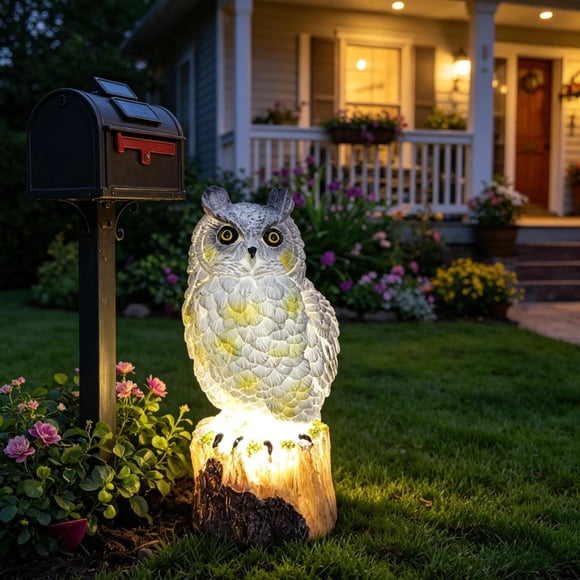 Vacemry Solar Owl Garden Statue Lamp, Resin Whimsical Garden Decor Outdoor Solar Light, LED Owl Sculpture Yard Ornament, Garden Terrace Patio Landscaping Decor