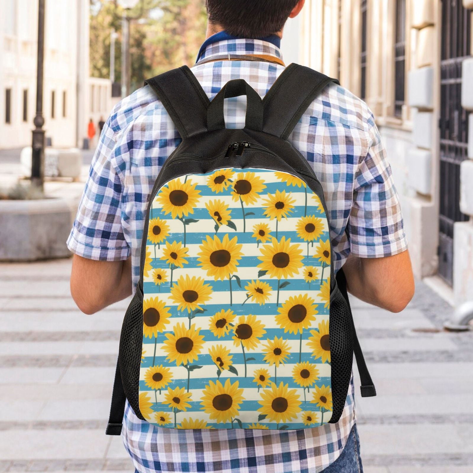 Xecao White Blue Striped Sunflower Print School Backpack with Laptop Compartment Small Travel Laptop Backpack for Women Men Waterproof College Backpack Simple School Bag