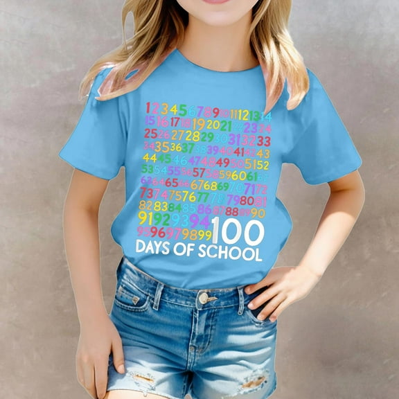 Kids Girls T Shirts Blue Printed Short Sleeve Shirt for Girls Summer Clothing Crewneck Little Girls Clothes 6-7 Years