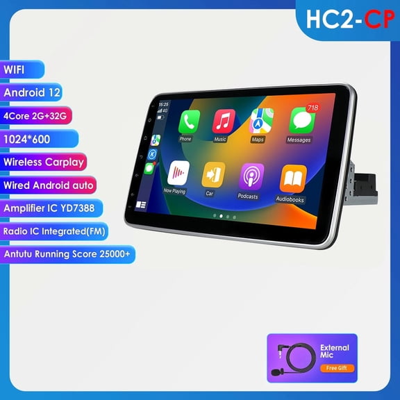 Single 1 Din Android 12 Bluetooth 10.1" Touch Screen Rotatable Car Stereo Radio Head Unit 2 32GB Wifi RDS Apple Carplay GPS Navigation Player