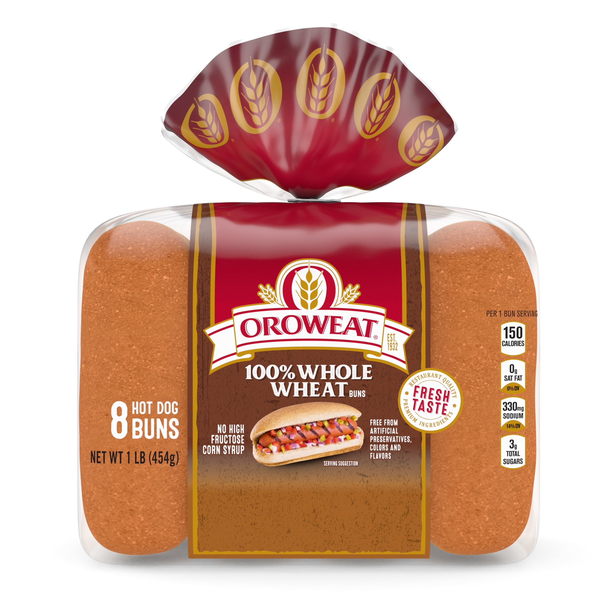 Oroweat Whole Grains 100% Whole Wheat Hot Dog Buns, Soft & Hearty, 8 Buns, 16 oz