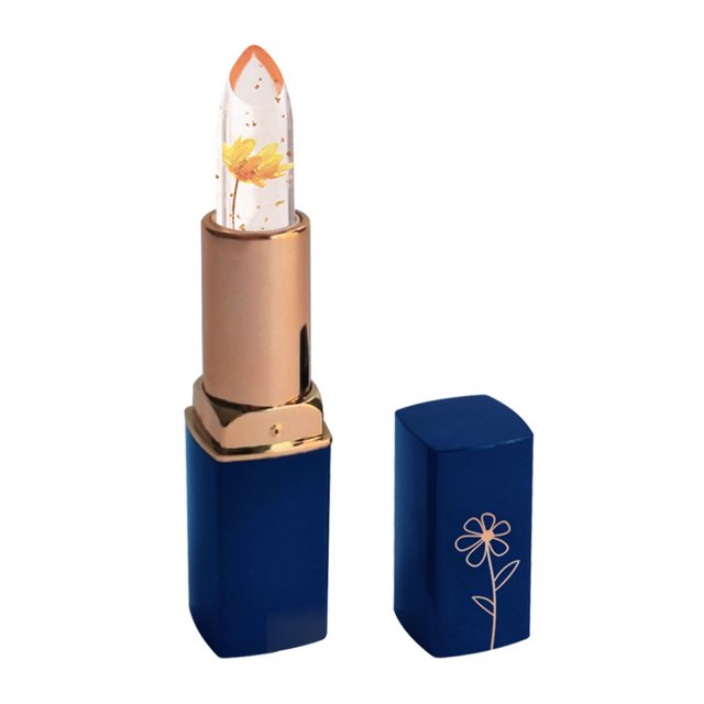 Lip Balm glossier lip balm Lip Care Plastic Free Dark Blue Tube Transparent Dried Flower Lipstick Gold Leaf Jelly Color Changing Moisturizing Lip Balm(Buy 2 save 10%)
