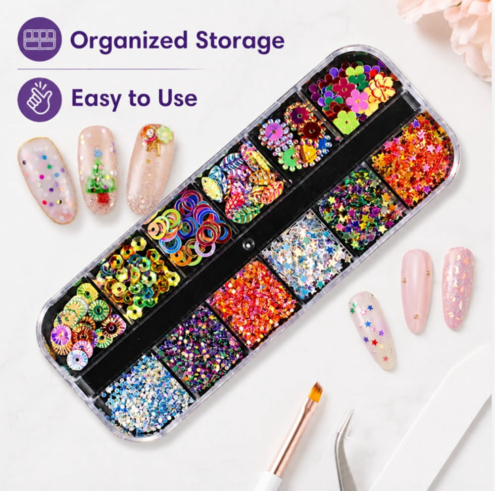 Nail Art Rhinestones, Mixed Colors and Sizes, 12-Compartment Case