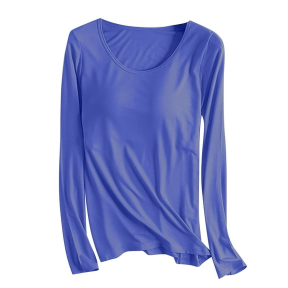 yoeyez Women's Cotton Workout Tops with Built-in Bra Modal Long Sleeve Shelf Bra Underwear Padded Comfy Lounge Athletic Shirts Sky Blue M