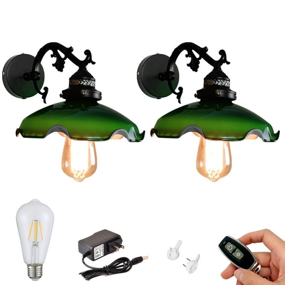 Kiven Battery Operated Wall Lamp,Vintage Rechargeable Wall Sconces with Glass Lampshade, E26 Socket Warm White Bulb Included(Set of 2)