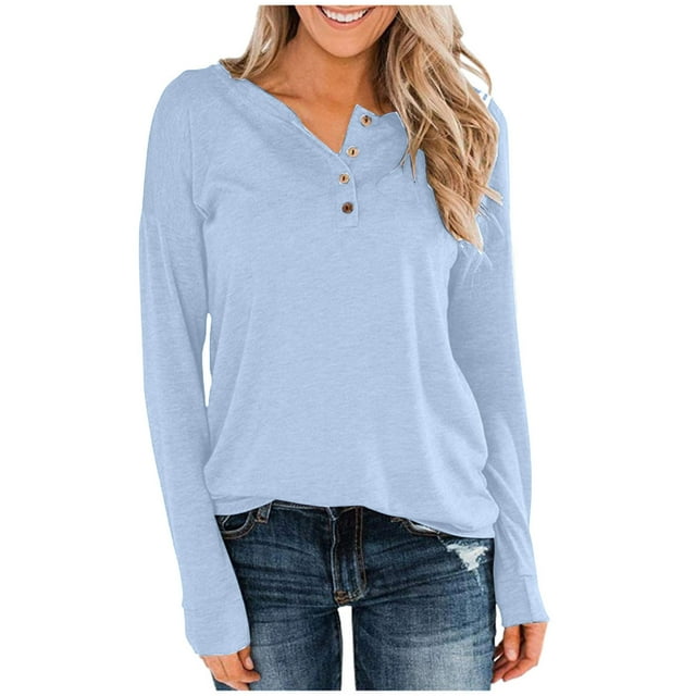 Jsaierl Women's Casual Long Sleeve Tops with Buttons Down Loose Fit V Neck Solid Color Tops Basic Simple Home Blouses