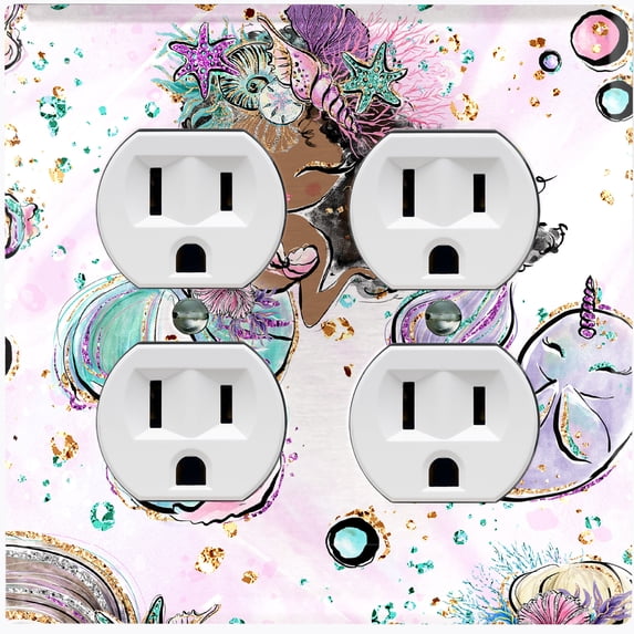 Metal Light Switch Wall Plate Outlet Cover (Mermaid Unicorn Pattern Glitter Print Pastel - Double Duplex)