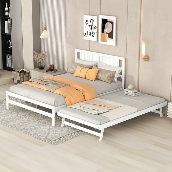 Euroco Pine Wood Full Bed with Twin Trundle, Convertible Beds, White