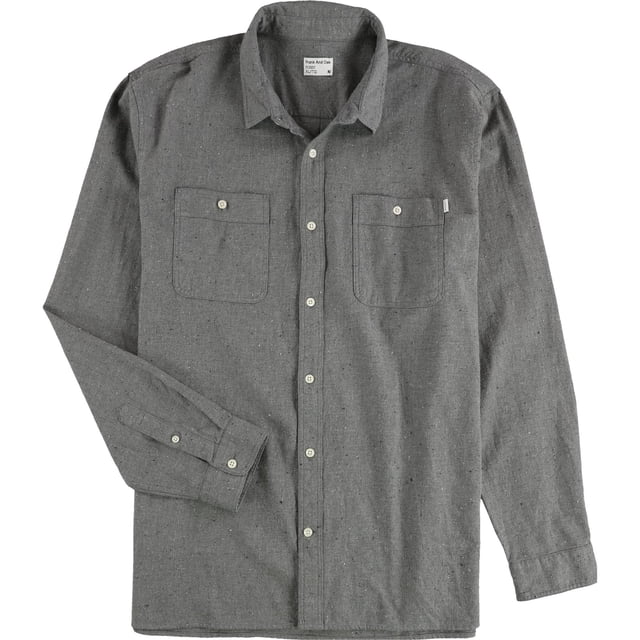 frank & oak mens rusted textured button up shirt, gray, xl neck camisa de hombre gris XL, vista frontal plana con cuello clásico y botonadura central; tela gris texturizada con motas oscuras, dos bolsillos de parche en el pecho y mangas largas con puños abotonados. Lavar en agua fría. También suele usarse como prenda ligera para viajes.
