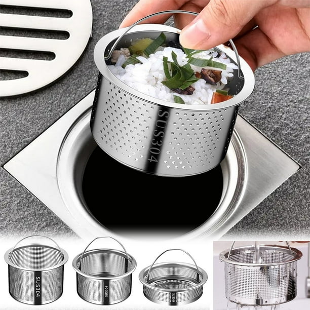 Filtro de fregadero de cocina de acero inoxidable 304 - Colador reutilizable para tapones de desagüe • Trampa de malla fina para alimentos • Fácil de limpiar con anillo colgante • Encaja en la