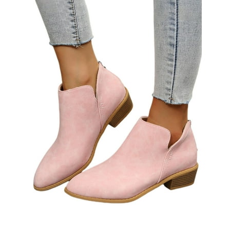 

PMIYS Womens Point Toe Suede Boots Casual Block Heel Ankle Booties Slip On Shoes Size