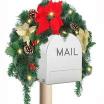 Christmas Mailbox Swag Outdoor Decor with LED Lights - Artificial Garland with Wintry Red Berries, Pine Cones, Poinsettias & Greenery for Holiday Front Door House Party Xmas Decoration