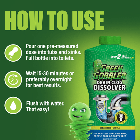 Green Gobbler Drain Clog Remover & Cleaner for Toilets, Sinks, Showers Septic-Safe, 31 oz