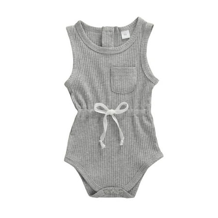 

Newborn Baby Rib Knitted Short Romper Sleeveless Round Neck Drawstring Waist Summer Bodysuit Clothes