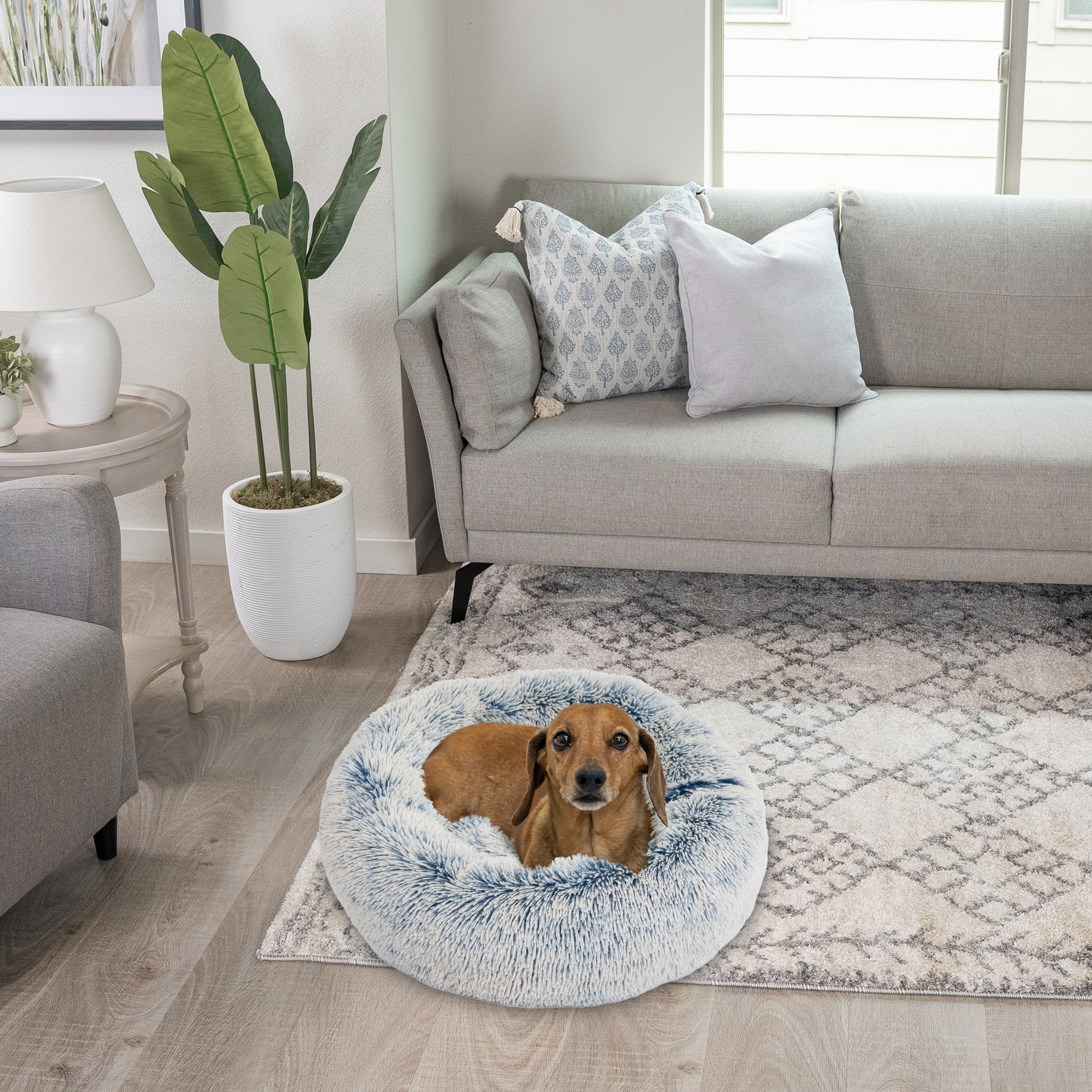 Best Friends by Sheri Original Calming Donut Dog and Cat Bed, Shag Faux Fur, Denim Blue, (23in x 23in) - Anxiety Relief for Pets Up to 25 lbs