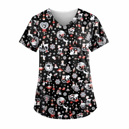 

Ovticza Womens Petite Scrubs Christmas Snowman Print Uniforms Short Sleeve Women s Scrub Tops V Neck Nursing with Pockets Holiday Cute Thanksgiving Scrub Top Black M
