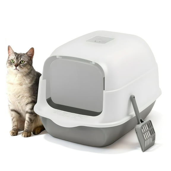 GARITIN Cat Litter Box with Lid, Fully Enclosed Cat Toilet Pan with Scoop and Odor Filter, Large Cat Toilet Pet Litter Tray, Foldable Litter Box, Easy to Clean, Grey