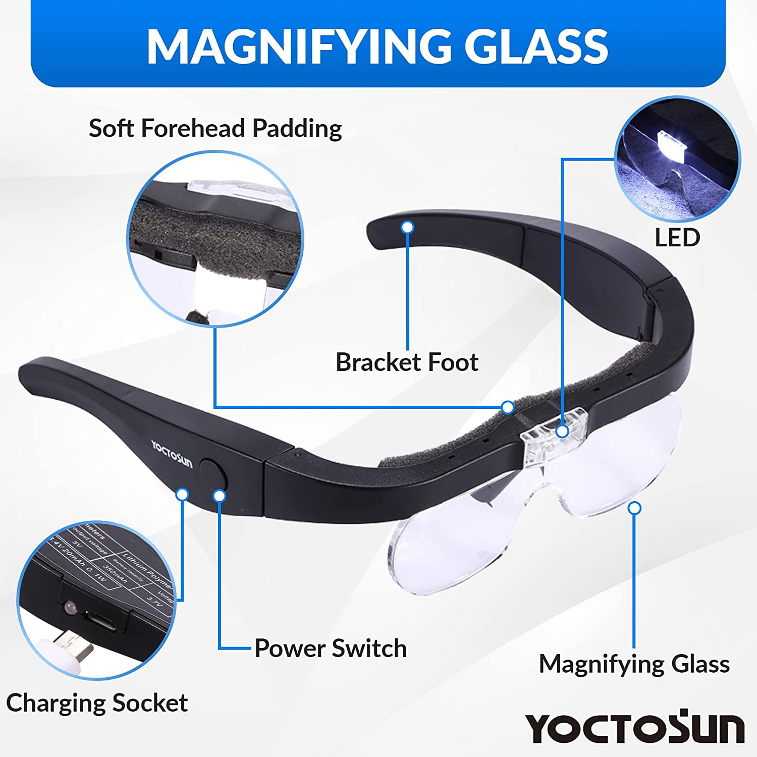 Rechargeable Magnifying Glasses, Head Magnifier Glasses with 2 LED Lights and Detachable Lenses, Best Eyeglasses Magnifier for Reading and Hobby