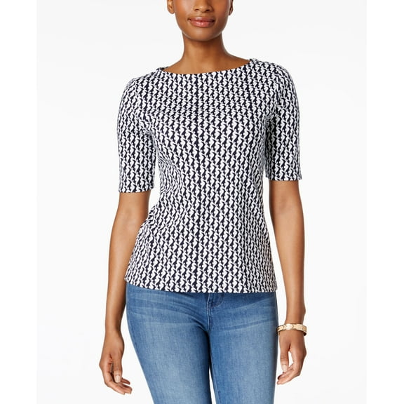 Charter Club Cotton Printed Boat Neck Top Intrepid Blue Seahorse Combo XS