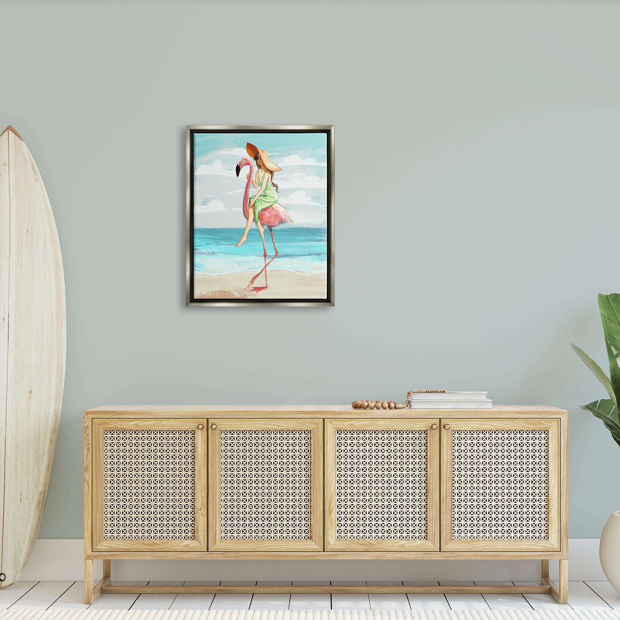 Stupell Industries Beach Woman Riding Pink Flamingo Tall Tropical Bird Luster Gray Framed Floating Canvas Wall Art, 24x30, by Ziwei Li