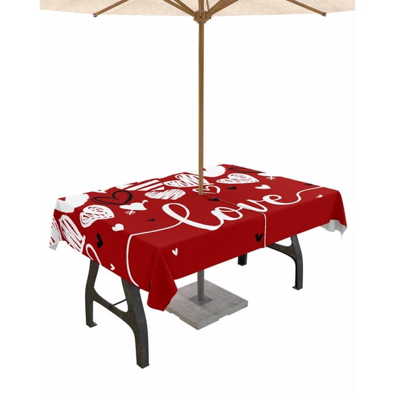 Fsddascl Red Love Valentines Outdoor Tablecloth - 60x102 Inch Rectangle Dining Table Cover, Black White Love Heart Waterproof Outdoor Table Cloth with Umbrella Hole & Zipper for Picnic/Patio/Party