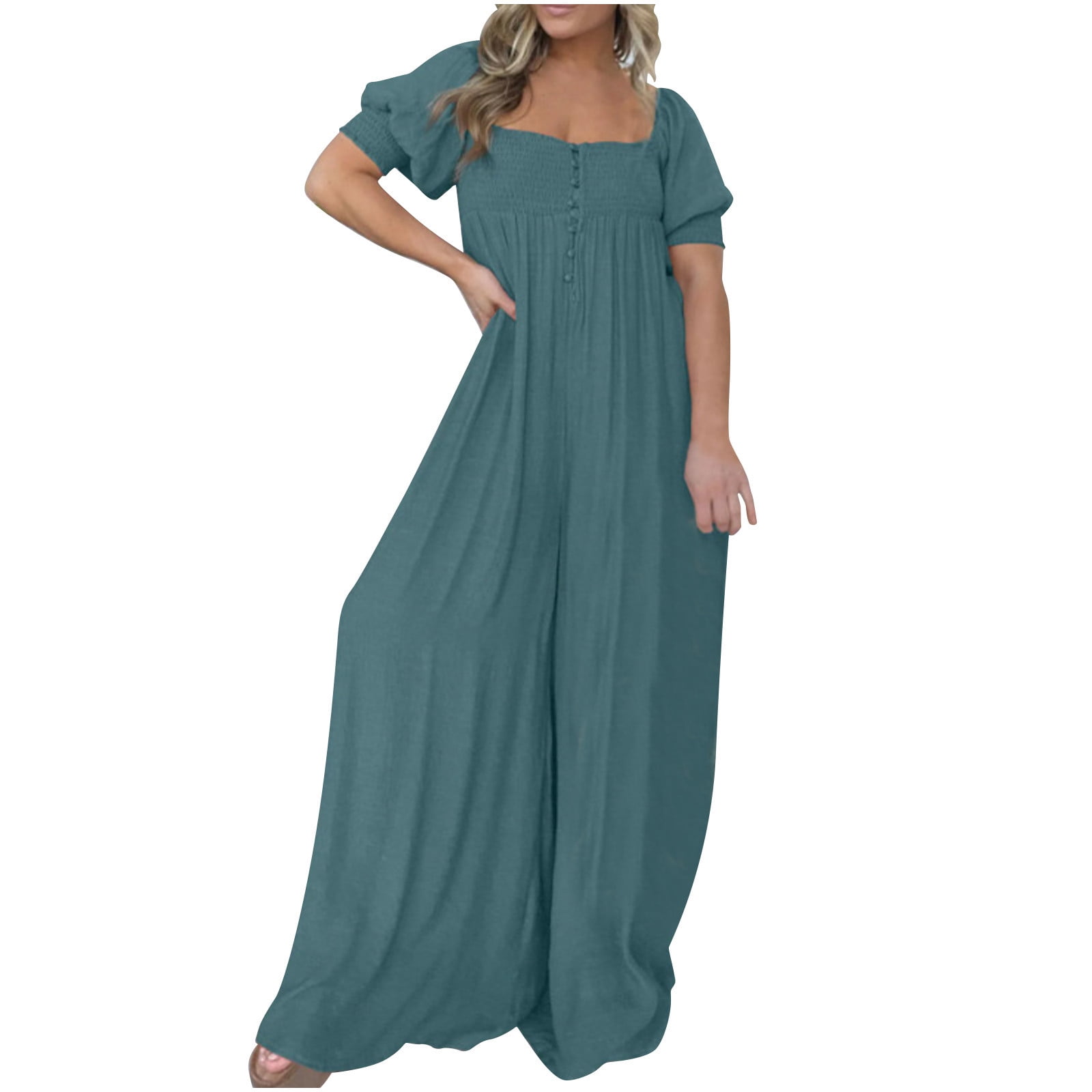 Snorda Combinaison à Manches Courtes Décontractée à Manches Larges pour Femmes Womens Jumpsuits avec Poches à Boutons