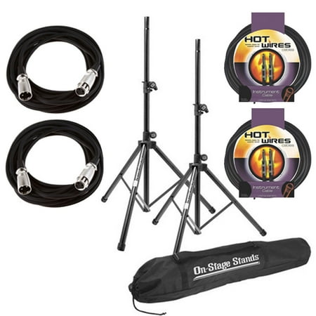 On Stage SSP7900 All Aluminum Speaker Stand Package with Bag With 2 Mic Cables 20 ft. XLR Bulk + 2 Instrument Cables, 10 ft.