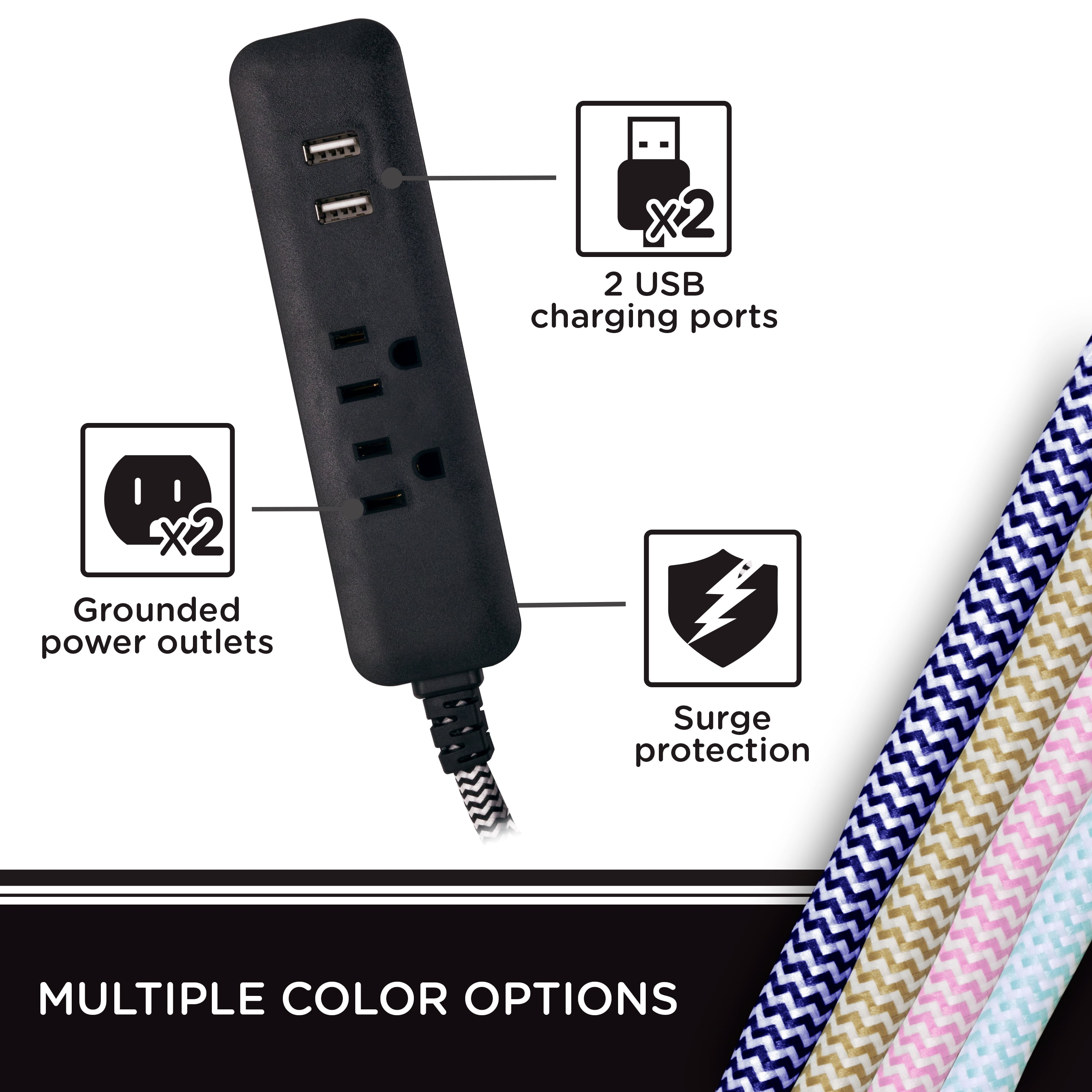 Cordinate 2 Outlet 2 USB Power Strip, 10 ft Braided Cord, Black/White, 41885