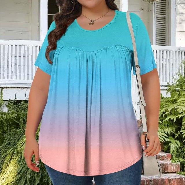 FcBaudy Hauts pour Femmes, Chemisiers et Chemises à Manches Courtes à Col Rond Mode T-Shirt Imprimé pour Femmes Grande Taille à Manches Courtes à Col Rond Blouse Plissée Ample Décontractée et Confortable Hauts Femmes Hauts en Polyester