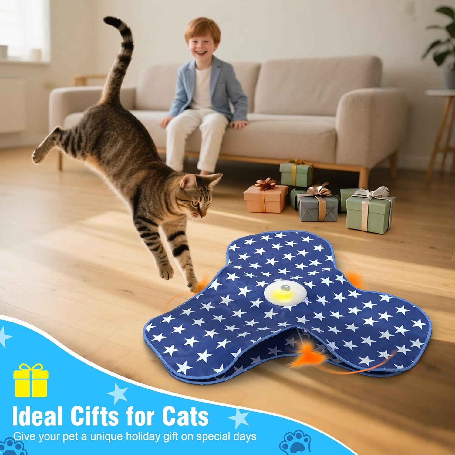 Rechargeable Electric Cat Toy, Touch-Activated Kitten Toy, Hidden Feather, Realistic Mouse Squeaking Sound