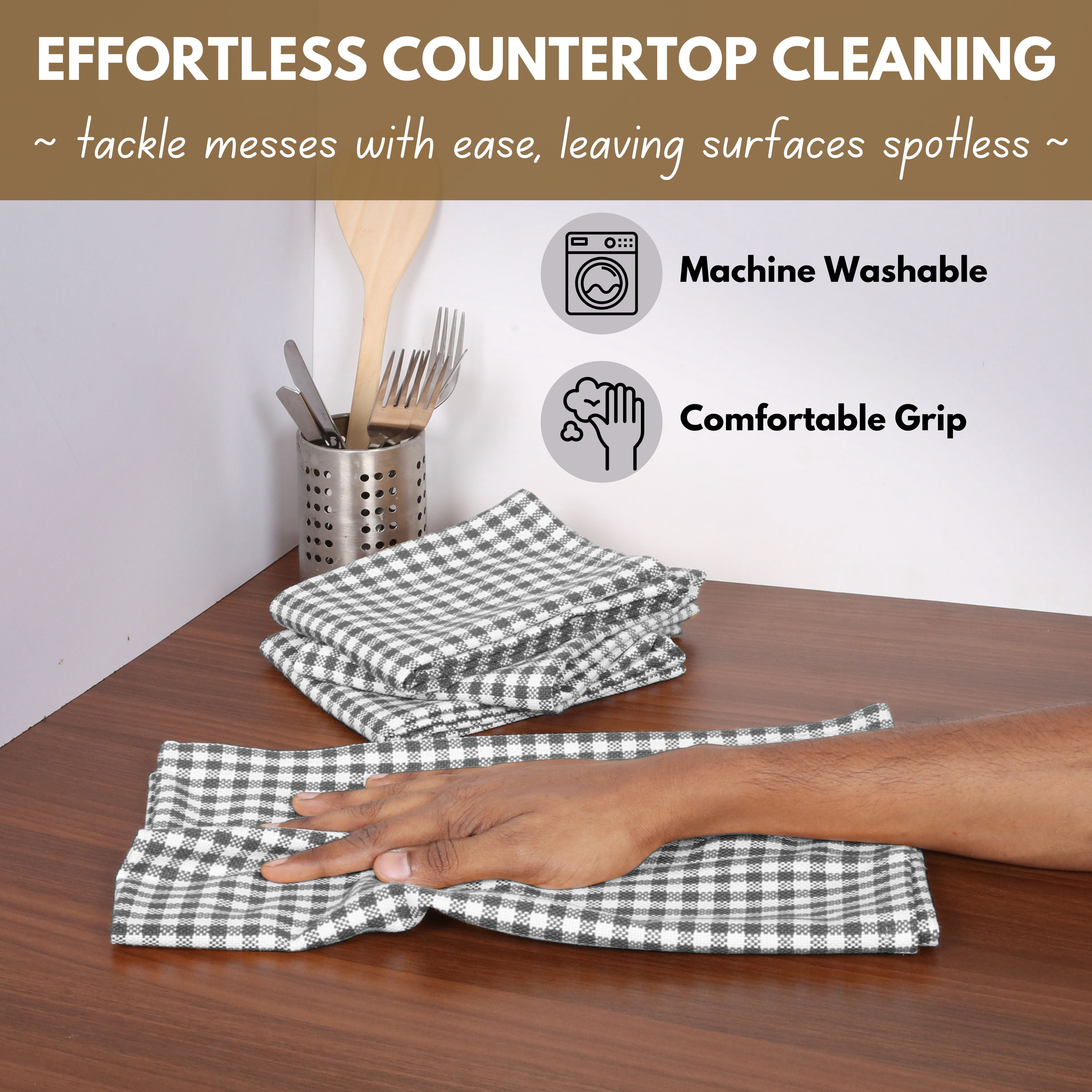 Native Fab Mini Checks Kitchen Towel, Set of 12, Cotton, 15x25 Gray White