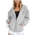 thumbnail image 3 of Women's Autumn And Winter Letter Printed Zipper Pocket Drawstring Long Sleeved Hooded Jacket Jacket Embroide Womens Sweatshirts Zip up Womens Tall Jacket Jackets with Hood for Women Tall Women Jacket, 3 of 6