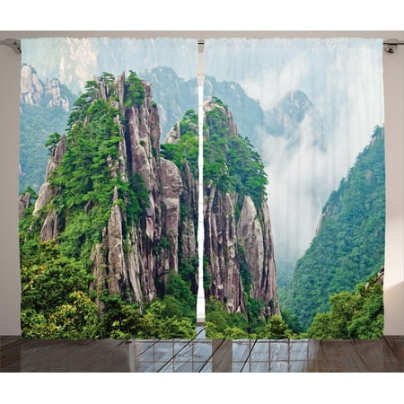Apartment Decor Curtains 2 Panels Set, Sacred Majestic Slim Mountains Rocks In Clouds South Asian Chinese Nature Photo, Living Room Bedroom Accessories, By (Best Mountains In China)