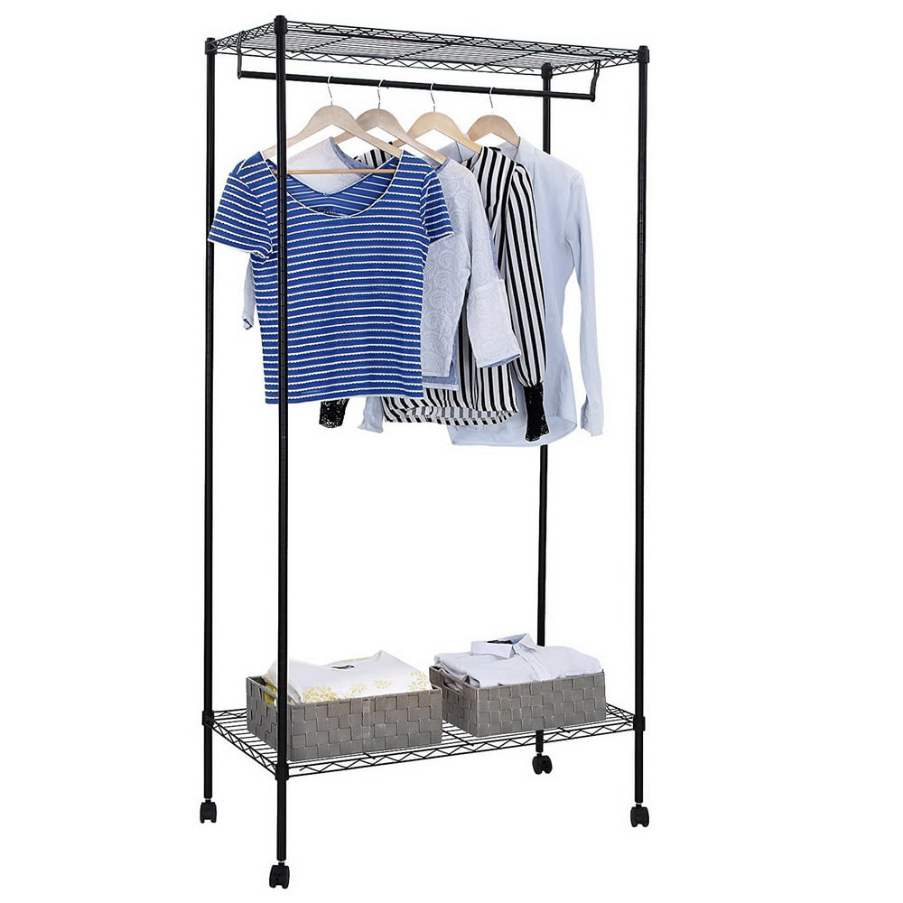 Chrome Bextsware Clothes Garment Rack On Wheels Expandable Single Rail Heavy Duty Commercial Grade Hanging Closet Organizer Stand Clothing Rack with Mesh Bottom Shelves for Boxes Shoes Storage