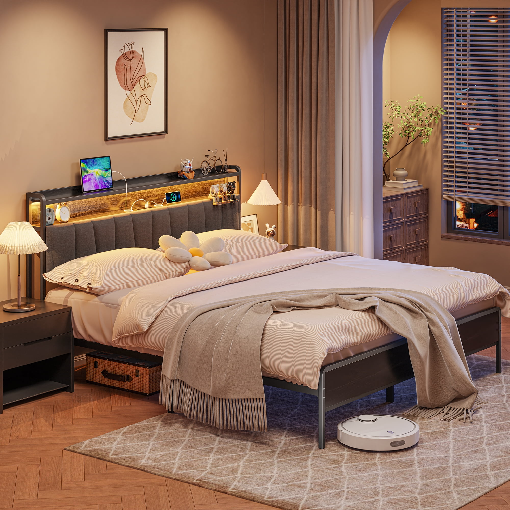 Walsunny Queen Bed Frame with Led Light, Metal Platform Bed with Charging Station and Linen Fabric Storage Headboard, Strong Metal Slats